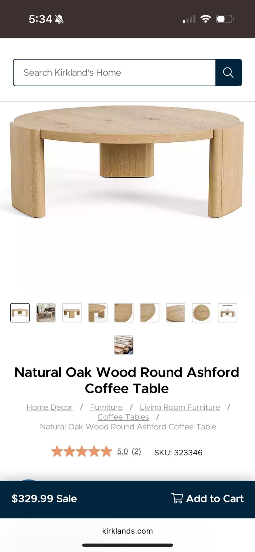 Coffee Table - Natural Oak Wood Round Ashford