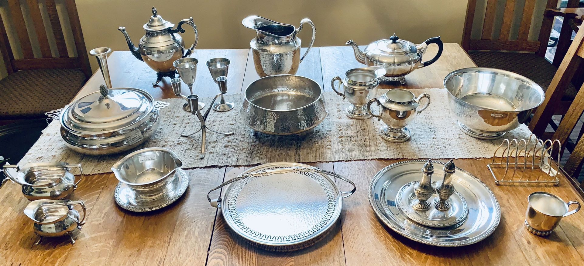 Vintage Silver Plate Tea Pots, Candlesticks, Serving Pieces For Weddings, Special Occasions 