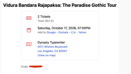 2 Tickets - Vidura Bandara Rajapaksa @Dynasty Typewriter - 10/17