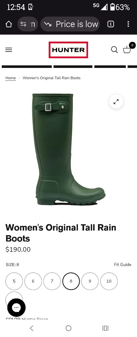Hunter Green Tall Hunter Boots Size 8 (Used But Well Kept)