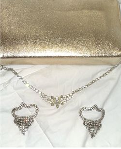 Vintage Gold Metallic Evening Clutch + Rhinestone Chain & Crystal Crown Earrings