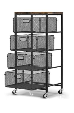 Rolling Kitchen Cart with Drawers, 4-Tier Utility Cart Fruit Vegetable Storage Cart with Lockable Wheels, Wooden Top Metal Kitchen Storage Organizer f