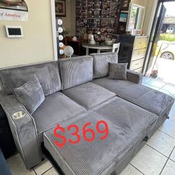 gray corduroy sectional sleeper sofa with storage chaise and pull out bed