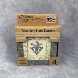 CounterArt Fleur de Lis Absorbent Stone Coasters Set of 4 Cork Back 4” USA