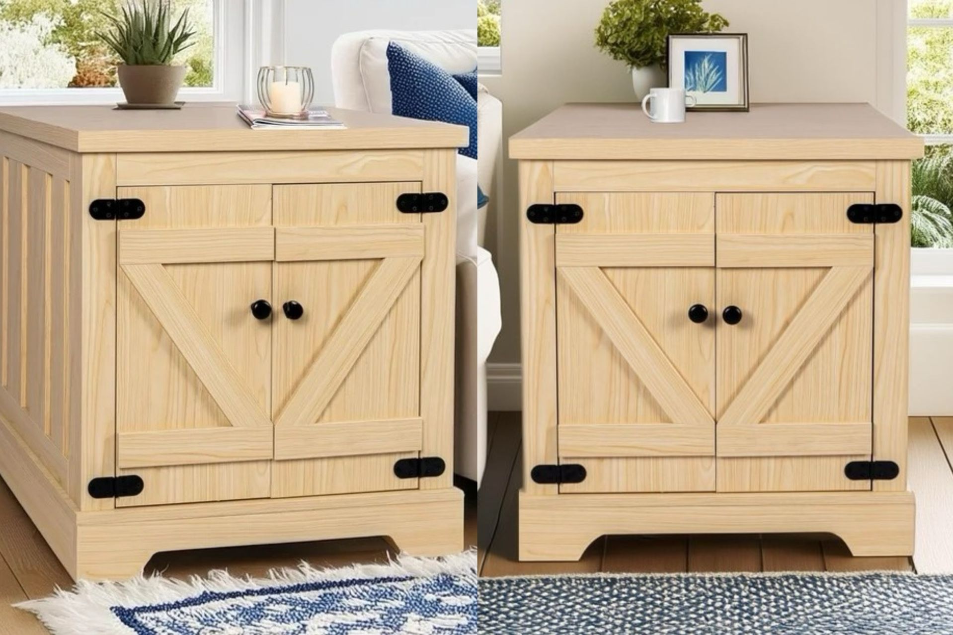 Set of 2 End Tables with Charging Station,25" Farmhouse Wooden Sofa Side Table with Storage,Square Adjustable Shelf End Table