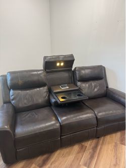 Brown Leather Power Reclining Sofa with Drop-Down Console