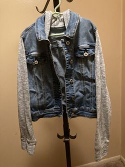 Kids Size 10-12 hoodie jean jacket with sweatshirt sleeves