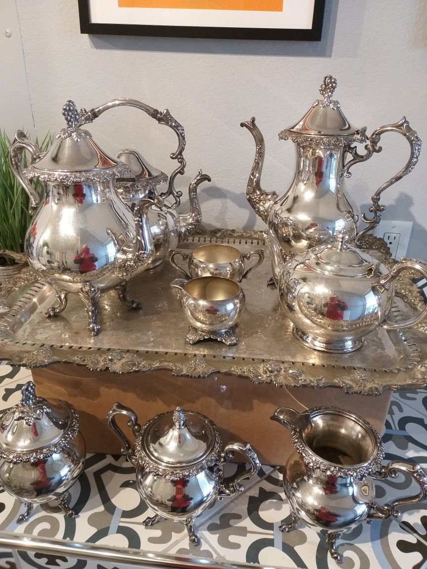 Silver plate tea set with platter