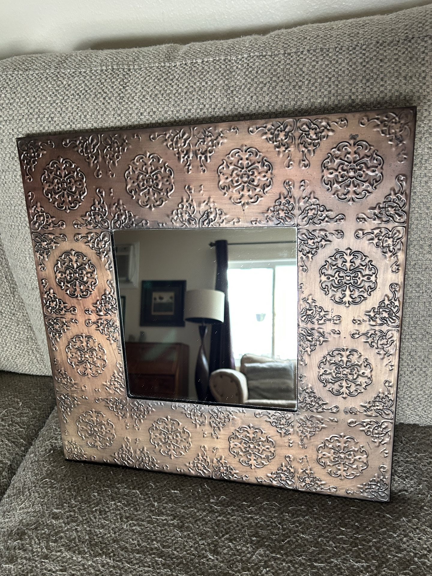 Mirror, Stamped Metal, Burnished Copper, ready to hang, perfect condition, unique, 16” x 16”