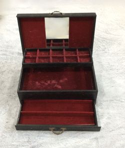 Antique Leather & Wood Victorian Jewelry Box w/Pull-Out Drawer & Mirror