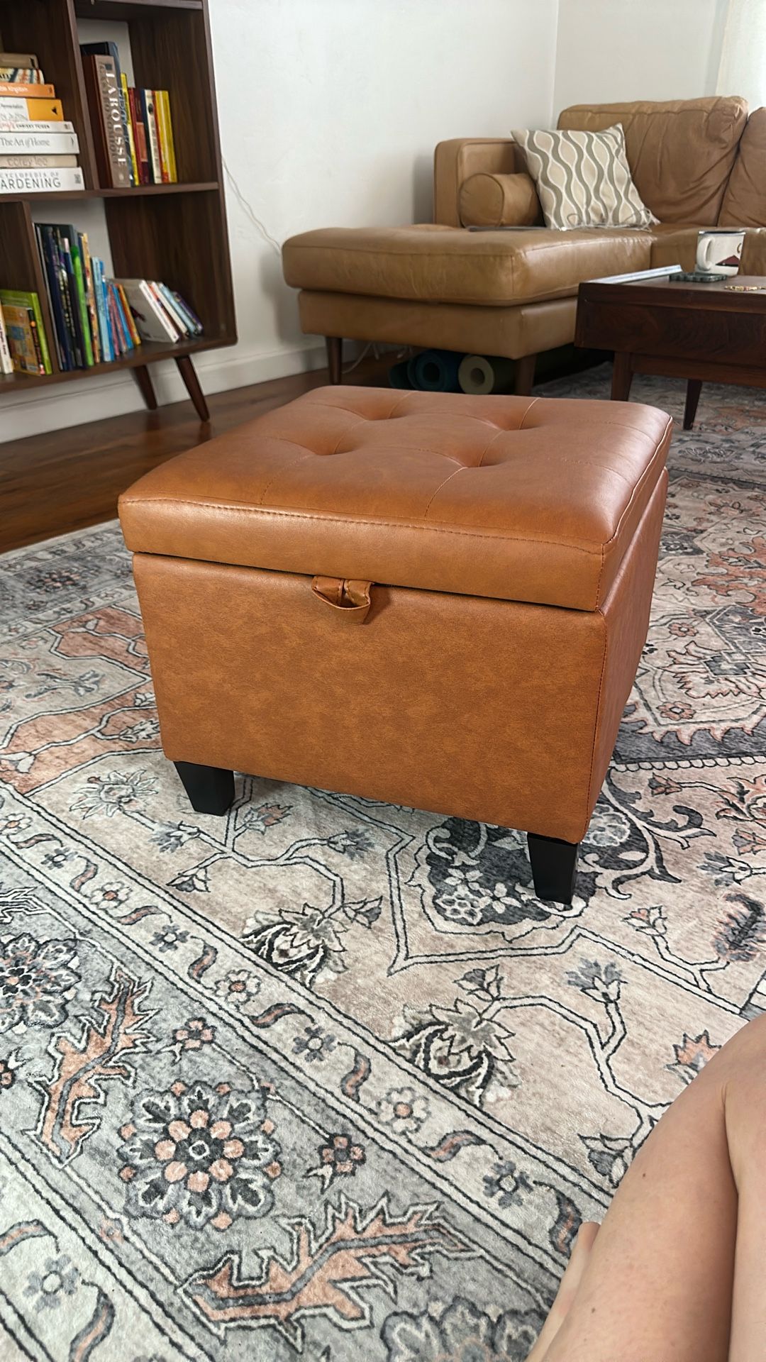Asense 17 Inch Square Storage Ottoman,Small Foot Rest Stool for Couch, Faux Leather Upholstered Footstool Cube for Entryway Bedroom Living Room, Brown