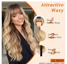 Long, curly/wavy synthetic blonde wig with bangs, ombre style with dark roots, for women.