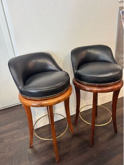 Leather Swivel Bar Stools, Counter Height Wood and Black Leather Chairs, Classic Timeless Furniture