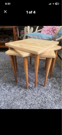 3 Vintage wood Stacking side tables. Artex green Corp.