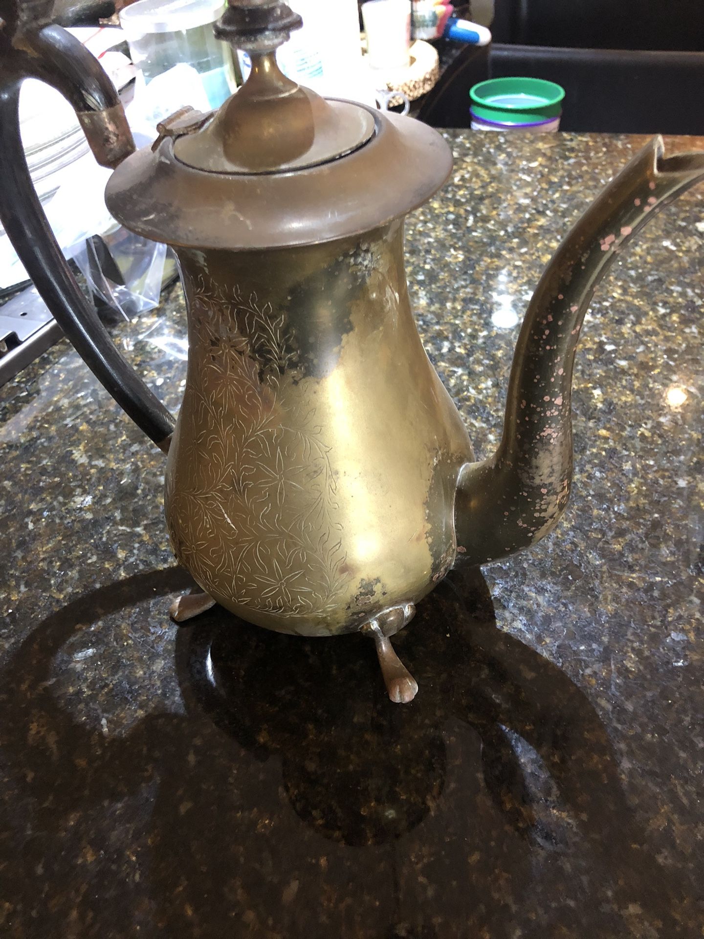 Antique 12” Etched Brass Teapot (Cab S)