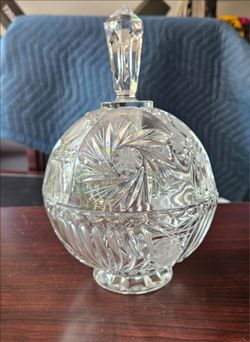 Vintage 24% Lead Crystal Covered Candy Dish, Round Pinwheel and Starburst Cut Glass Goblet with Lid.