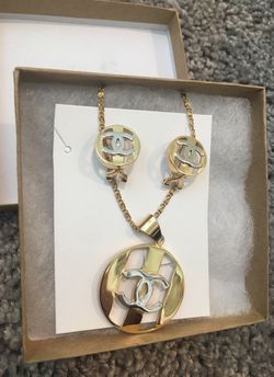 3 piece Earrings, Pendant with Necklace set Chanel two tone silver