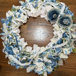 Handmade Shabby Chic Cottage Blue Rag Wreath 