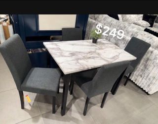 Cute small 5-pc table set faux marble table top grey fabric material
