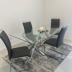 Modern Glass Dining Table Set w/ 4 Chairs + Rug – Complete Setup