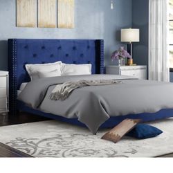 Low Profile Wingback Blue Velvet Cal King Bed Frame W/ Mattress