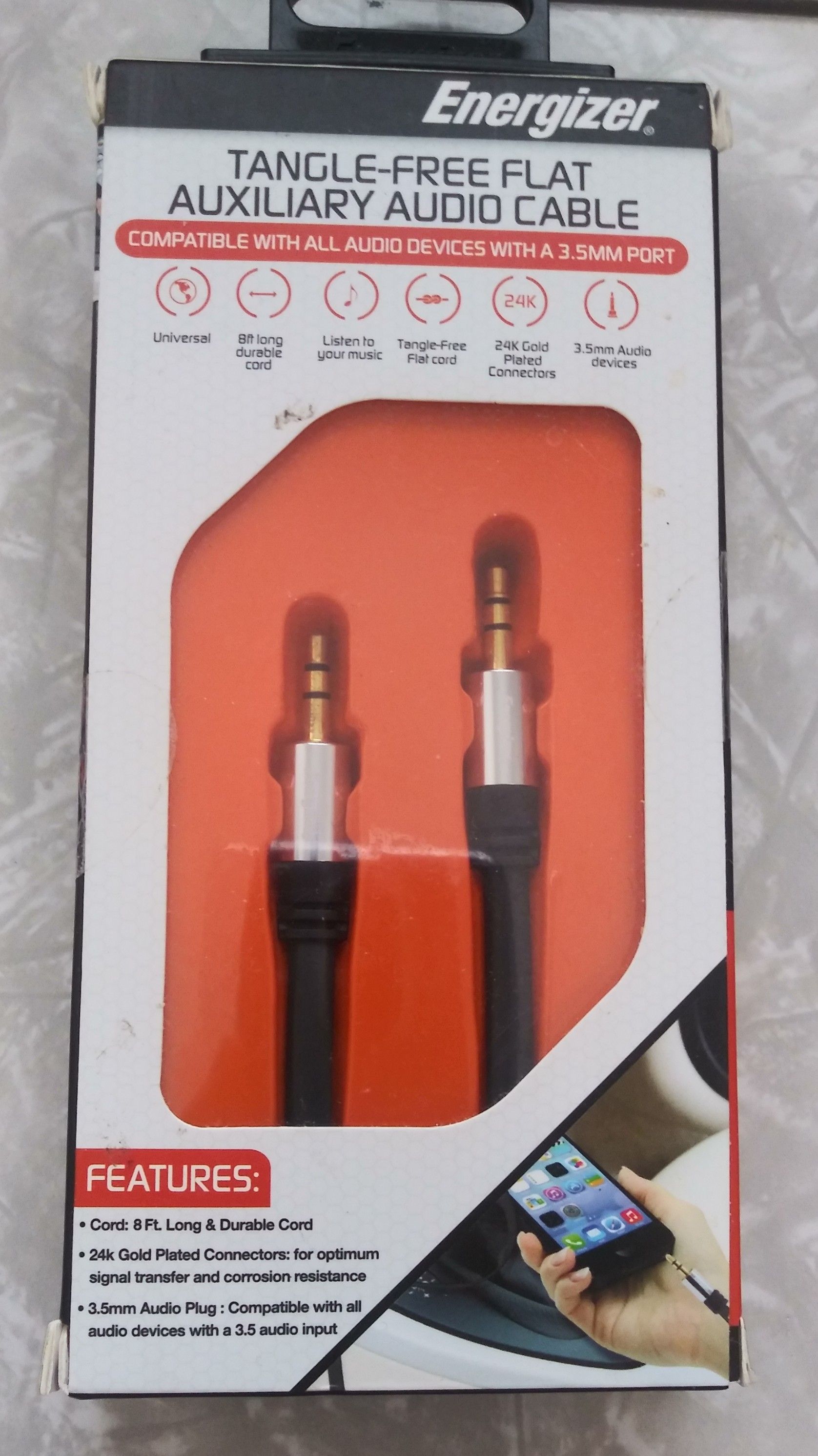 Energizer Tangle-Free Flat Auxiliary Audio Cable Compatible with Android and Apple Devices
