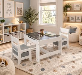 KidsTable and 2 Chairs Set with Blackboard & Storage Drawers, Children Multi Activity Table for Learning, Playing, Drawing, 3-in-1 Toddler Art Crafts 