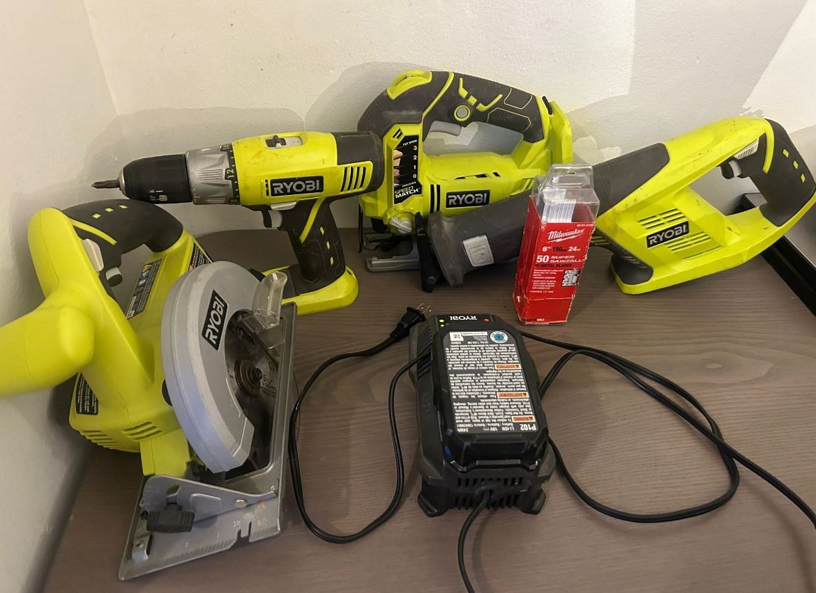 Ryobi One+ cordless tool bundle with neon-green Carry bag.
