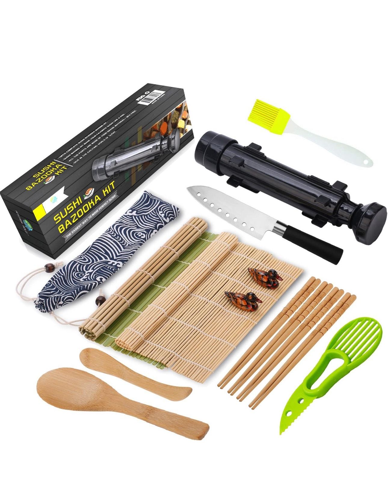 FUNGYAND Sushi Making Kit, All-in-One Bazooka Roller Set with Bamboo Mats, Avocado Slicer, Paddle, Knife, Chopstick & Holders, Cotton Bag - DIY Maki R