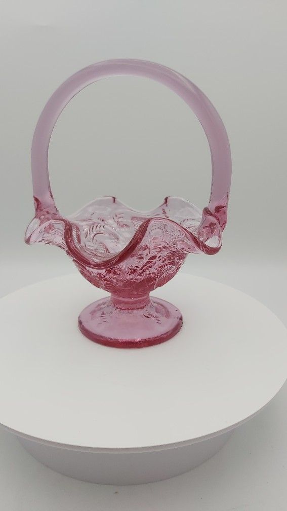 Gorgeous Vintage Fenton Dusty Rose Inverted Strawberry 6" Glass Basket