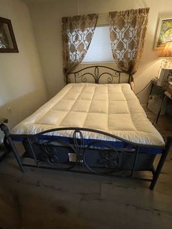 Queen size bed frame, mattress, mattress topper