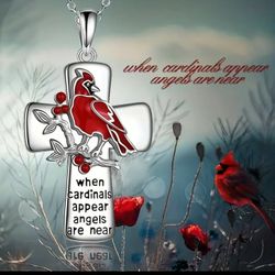 Lovely Cardinal Silver Tone Cross Inspirational Necklace