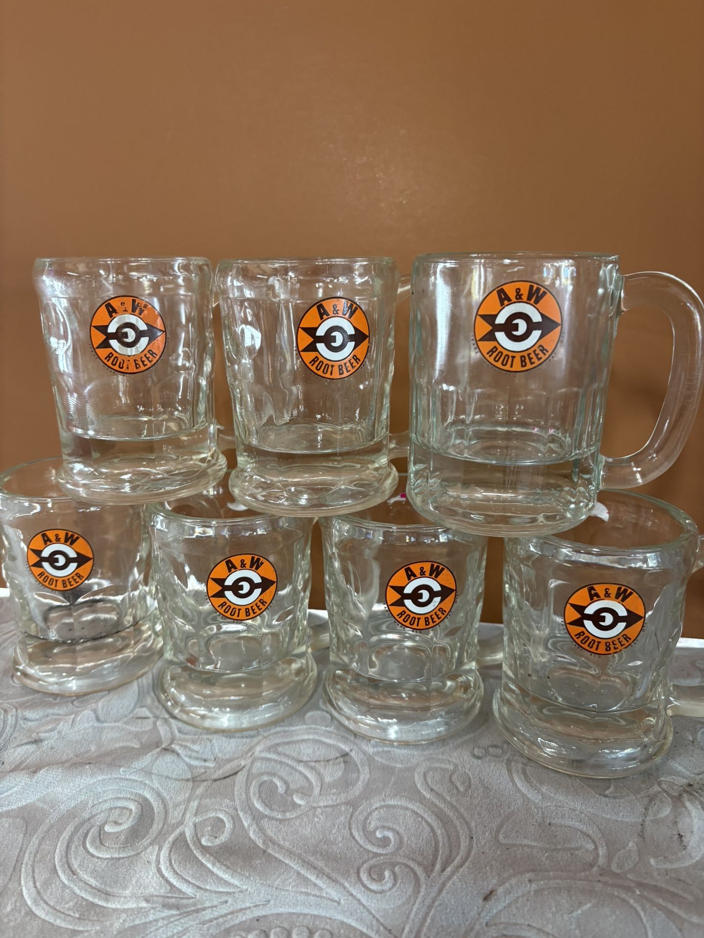 Lot of 7 Classic A & W mugs - Clear Thick Cut Glass 