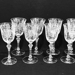 Tiffin-Franciscan June Night Set of 8 Claret Wine Crystal Etched Glasses 6.25” .