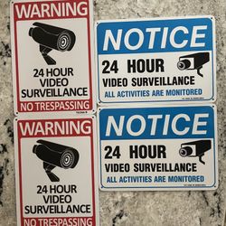 Aluminum Video Surveillance Signs (x4) 10x14 Inch for Home Office Warehouse