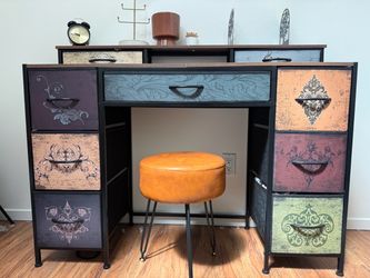 Boho Vanity Desk with Patterned Drawers and Chair