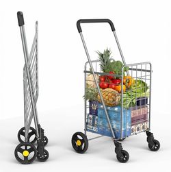 Shopping Cart & 360° Swivel Wheels | Foldable Collapsible & Lightweight | Perfect for Groceries Laundry Utility Cart - Silver