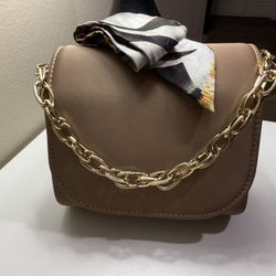 Small Champagne Beige  Bag Gold Color Chain Strap + Animal Print Scarf Handle