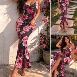 Floral Backless Maxi Dress – Pink & Black – Summer Vacation Dress – Size m