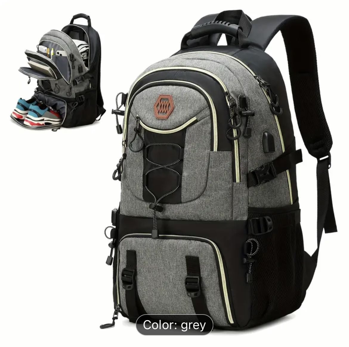 Extra Large Gray/Black 40L Backpack w/ Separate Shoe and Computer Compartments