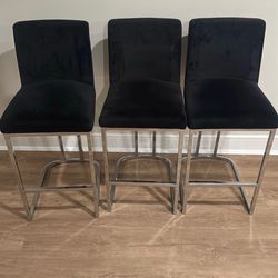 Moving Sale: Set of 3 Modern Velvet Bar Stools (Chrome Base)