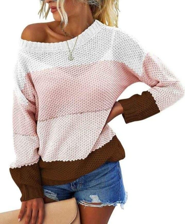 Women’s Casual Striped Color Block Knit Sweater Long Sleeve Crew Neck Loose Pullover Tunic Blouse Tops Size Large NEW.

Size Measurements: Large- bust