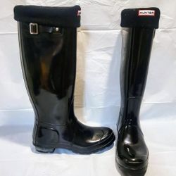HUNTER Original High Gloss Black High Rainboots w/Winter Fleece Inserts (Size 8)