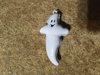 VINTAGE WHITE ENAMEL GHOST NECKLACE CHARM JINGLE HALLOWEEN 2.75"