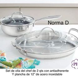 Set de olla de 2 qts con antiadherente y plancha de 12” de acero inoxidable nuevas en sus cajas 🌺 princess house 🌺