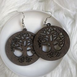 Beautiful wood round tree boho brown dangle/drop earrings