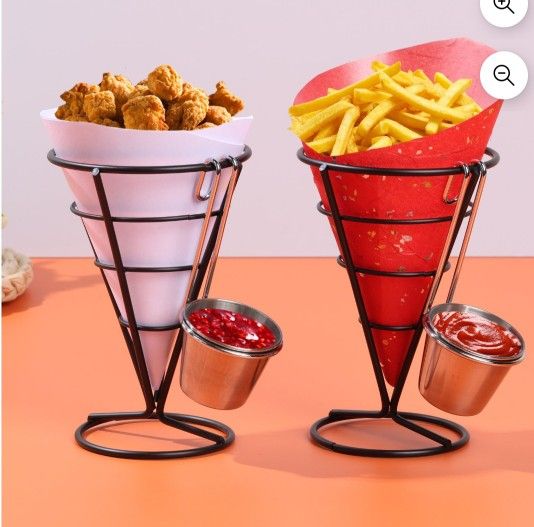 2 Stylish Chrome Metal Cone Fry Holders