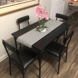 Black Dining Table Set With 4 Black Leather Chairs 