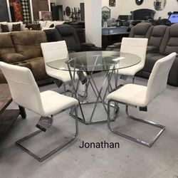 🔥Free Delivery 🔥Dining Set Glass Table and 4 Silver Chairs Metal👉$49 GetNowPayLater 
