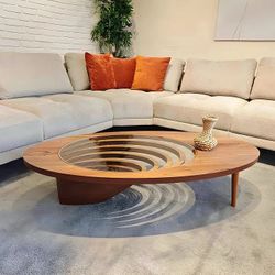 Large Round Wood and Glass Coffee Table